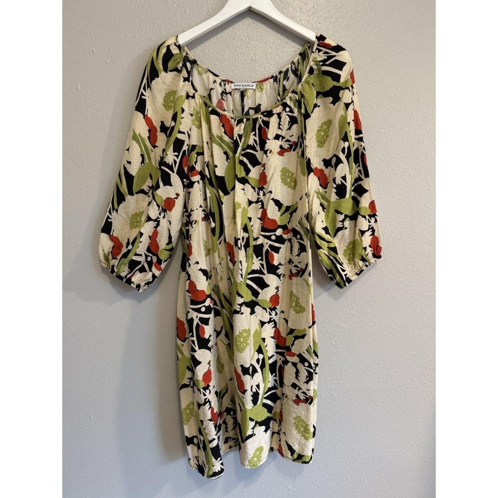 Sara Michelle XL Abstract Floral Puff Sleeve Dress Boho Lagenlook Whimsigoth XL‎